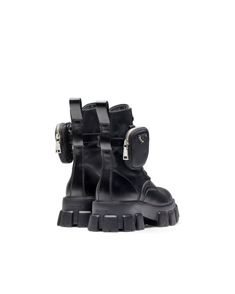 prada brushed leather and technical fabric booties|Prada.